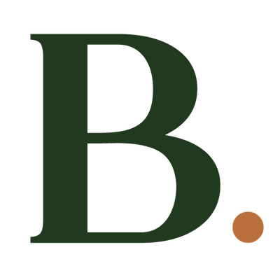 A dark green serif letter 'B' with a small brown dot to its right, centered on a plain white background.